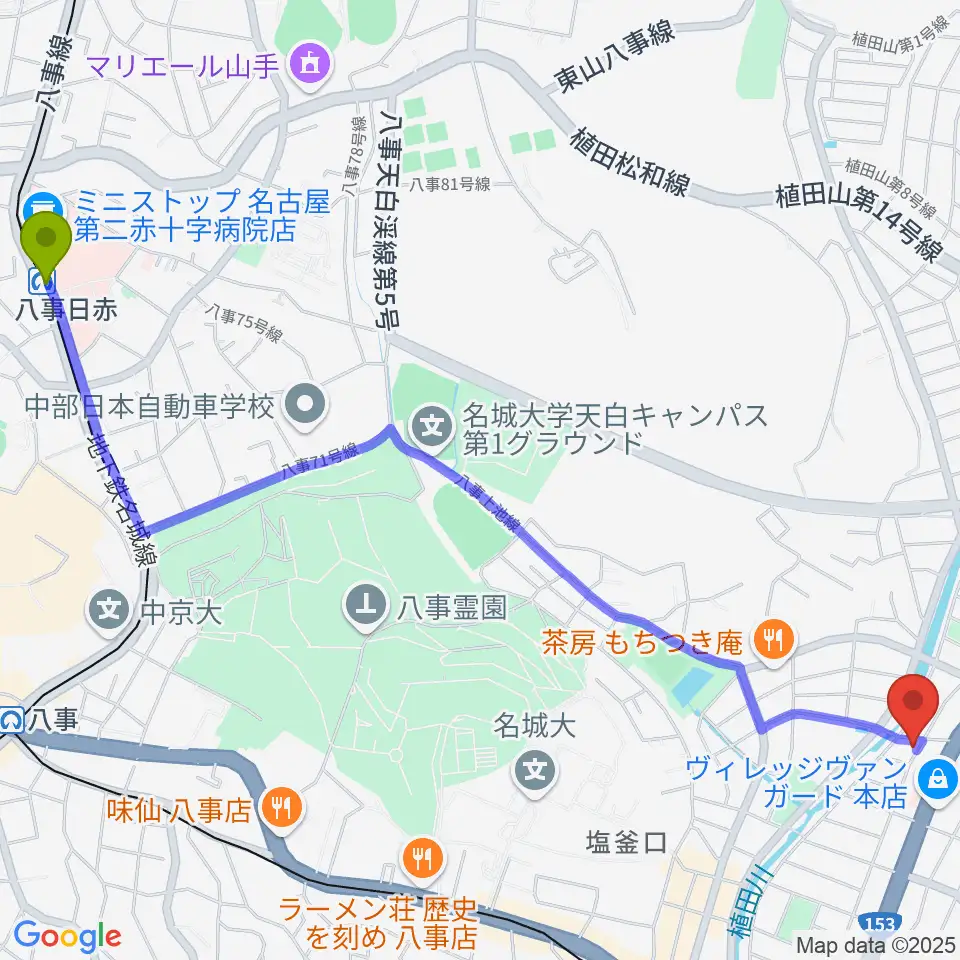 八事日赤駅からゼロスタジオへのルートマップ地図