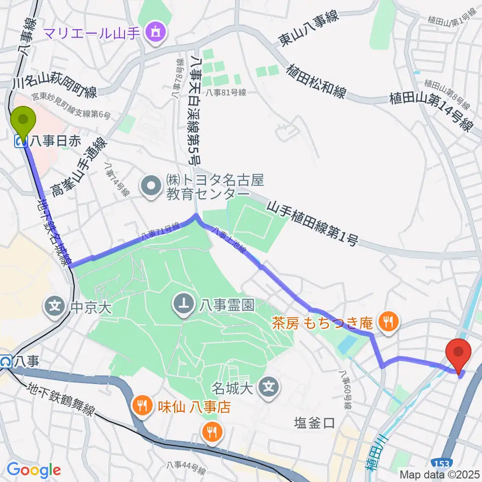 八事日赤駅からゼロスタジオへのルートマップ地図