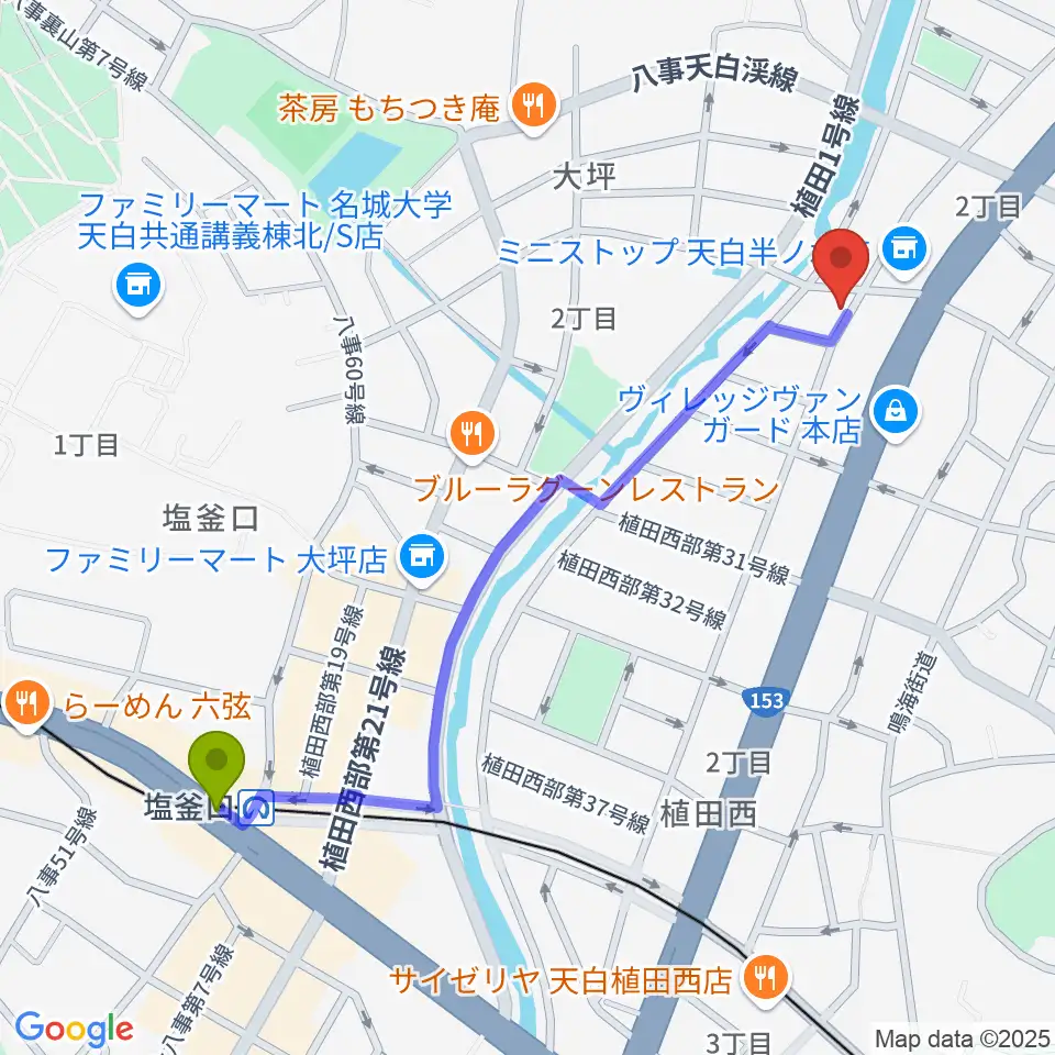 ゼロスタジオの最寄駅塩釜口駅からの徒歩ルート（約12分）地図