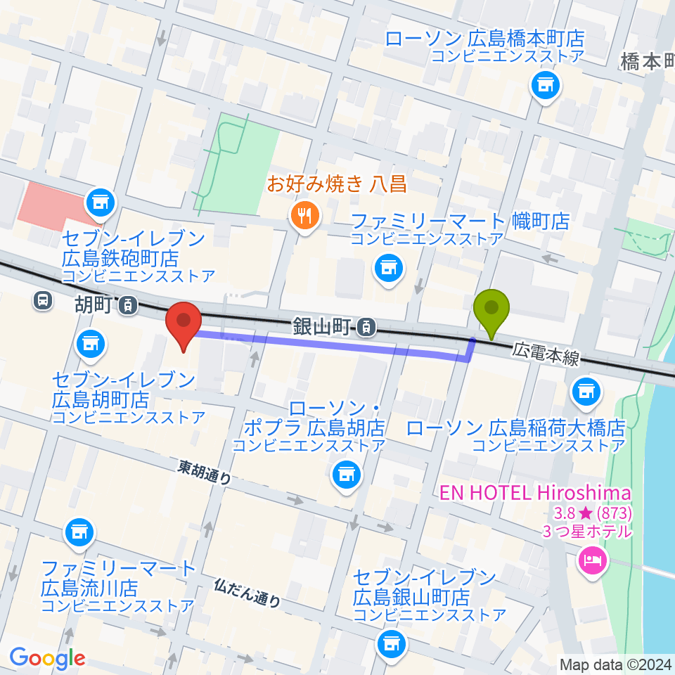 銀山町駅からJM music Vocal School 広島へのルートマップ地図