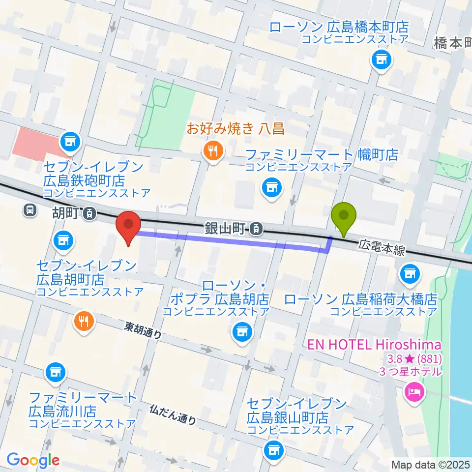 銀山町駅からJM music Vocal School 広島へのルートマップ地図