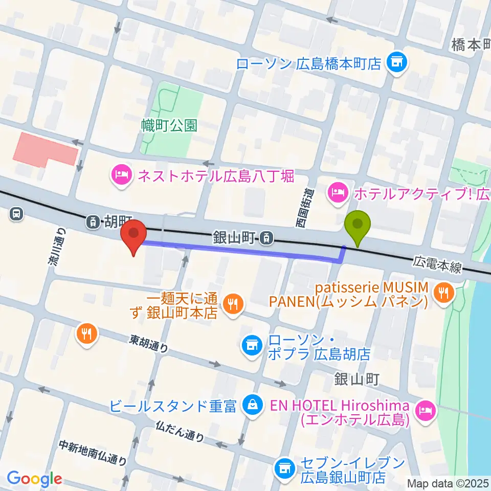 銀山町駅からJM music Vocal Schoolへのルートマップ地図
