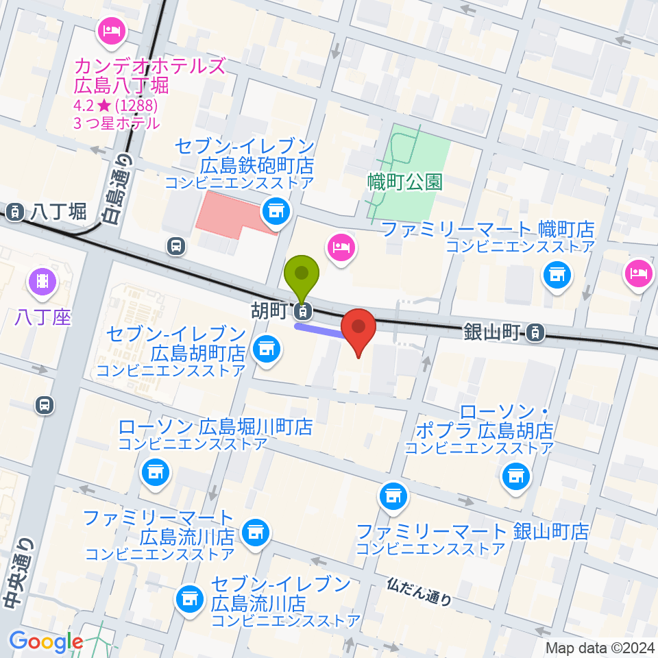 JM music Vocal School 広島の最寄駅胡町駅からの徒歩ルート（約1分）地図