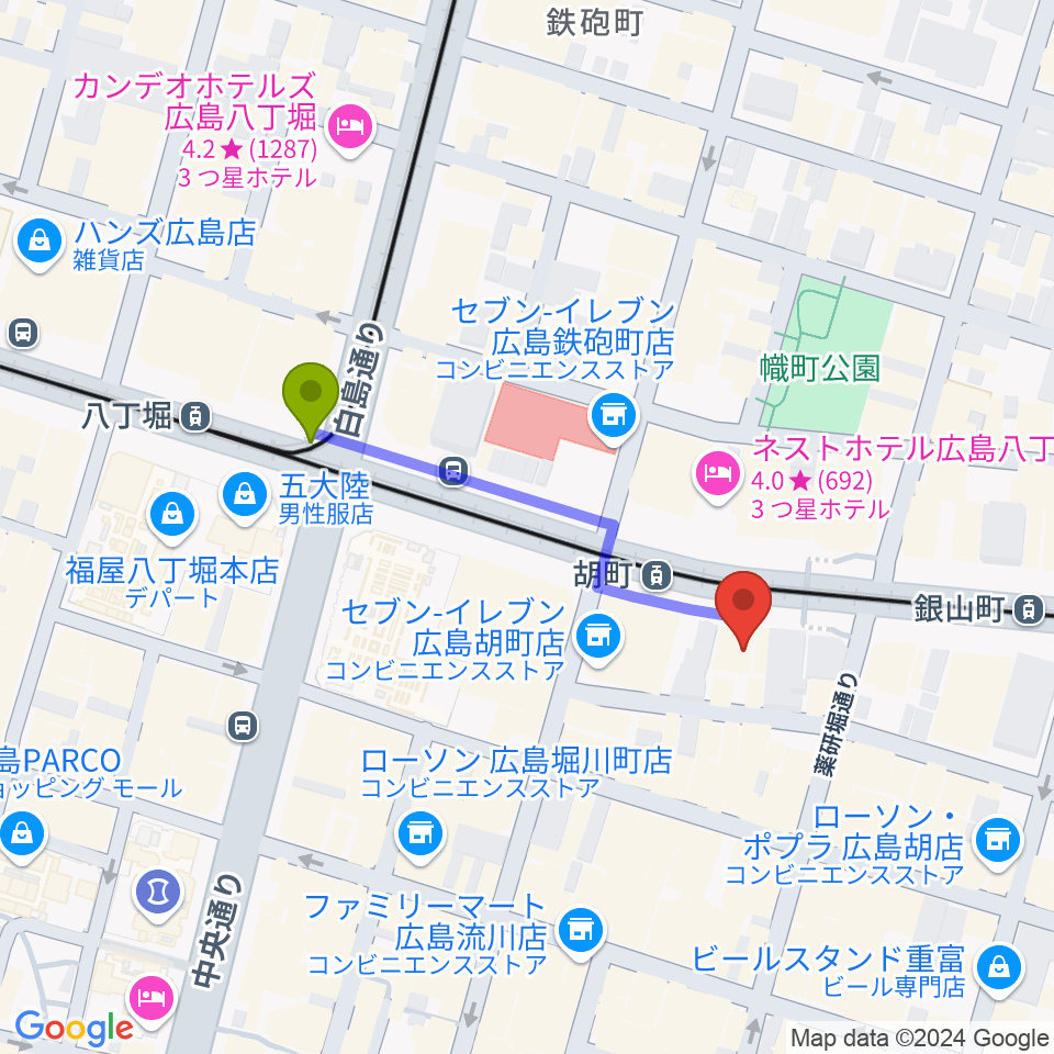 八丁堀駅からJM music Vocal School 広島へのルートマップ地図