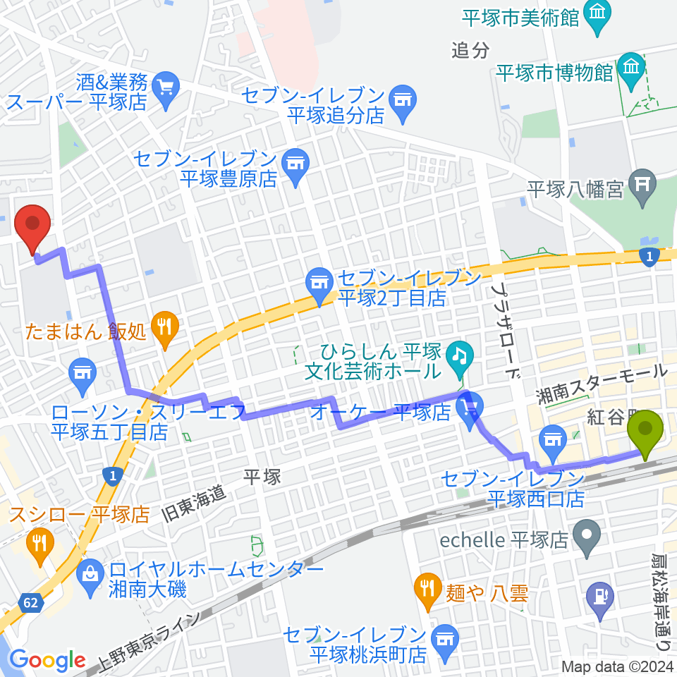 グーバス ミュージックインストゥルメンツの最寄駅平塚駅からの徒歩ルート（約30分）地図