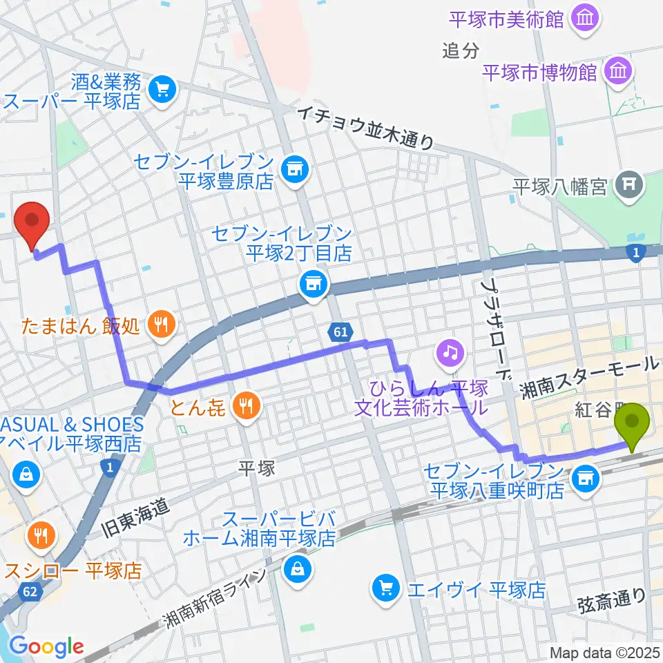 グーバス ミュージックインストゥルメンツの最寄駅平塚駅からの徒歩ルート（約30分）地図