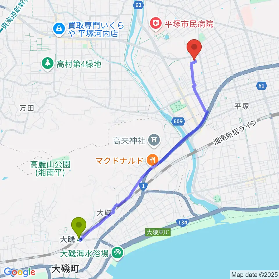 大磯駅からグーバス ミュージックインストゥルメンツへのルートマップ地図