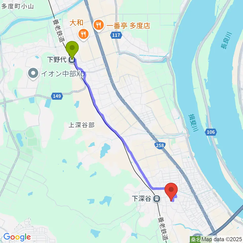 下野代駅から近藤ナオ フラメンコギター教室へのルートマップ地図