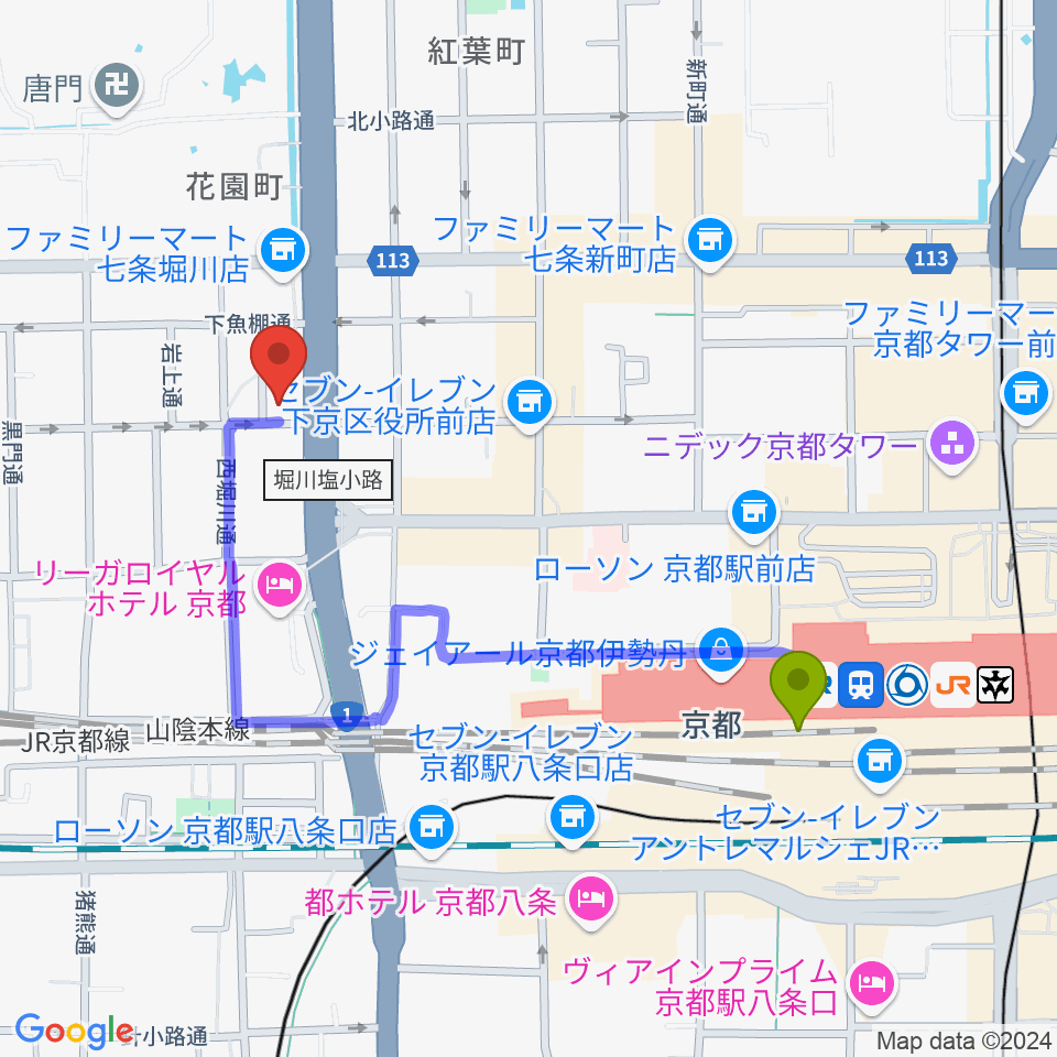 コントラバス工房 角本の最寄駅京都駅からの徒歩ルート（約9分）地図