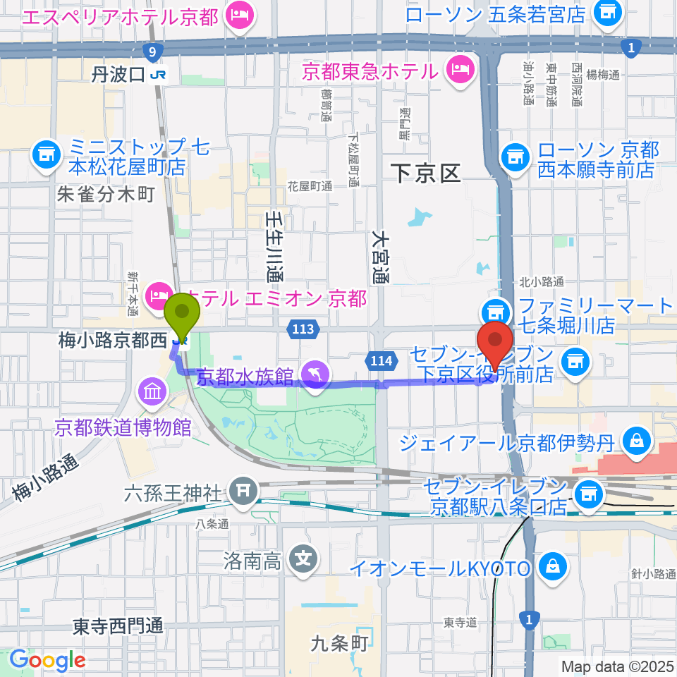 梅小路京都西駅からコントラバス工房 角本へのルートマップ地図