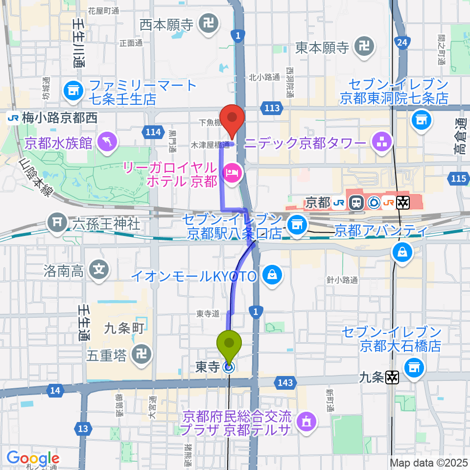 東寺駅からコントラバス工房 角本へのルートマップ地図