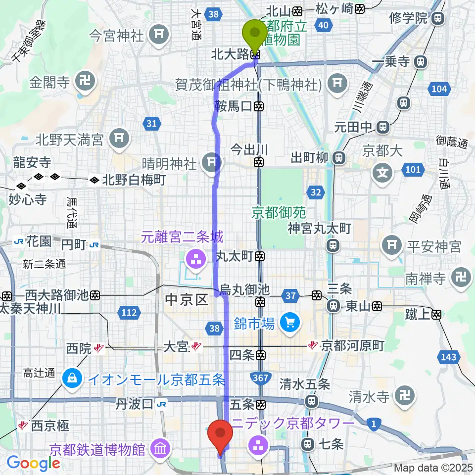 北大路駅からコントラバス工房 角本へのルートマップ地図