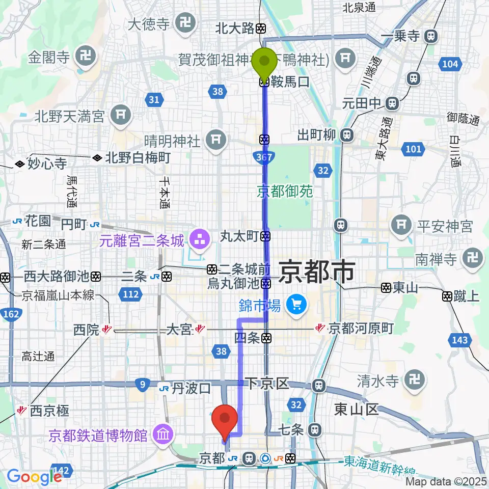 鞍馬口駅からコントラバス工房 角本へのルートマップ地図
