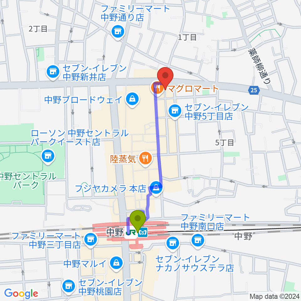 デイバイデイの最寄駅中野駅からの徒歩ルート（約8分）地図