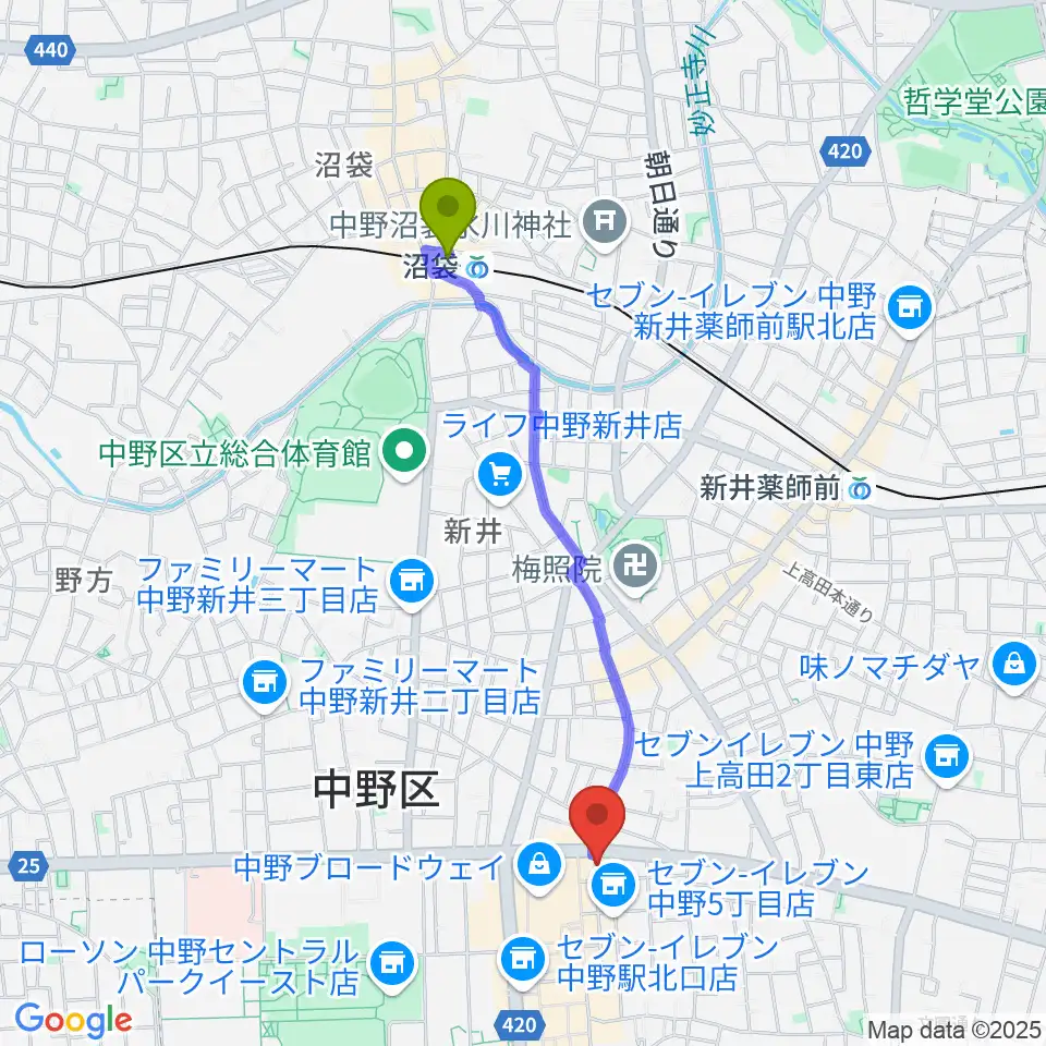 沼袋駅からデイバイデイへのルートマップ地図