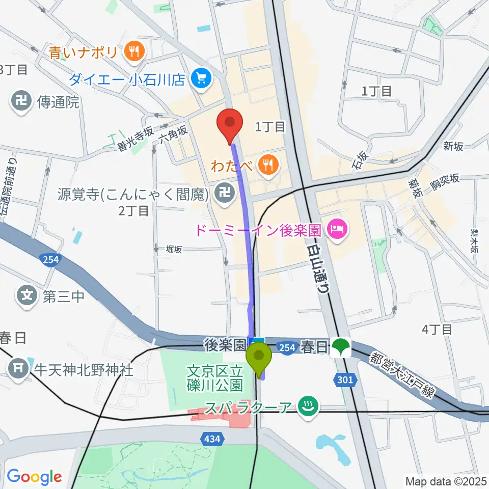後楽園駅からアルトフィールド音楽教室へのルートマップ地図