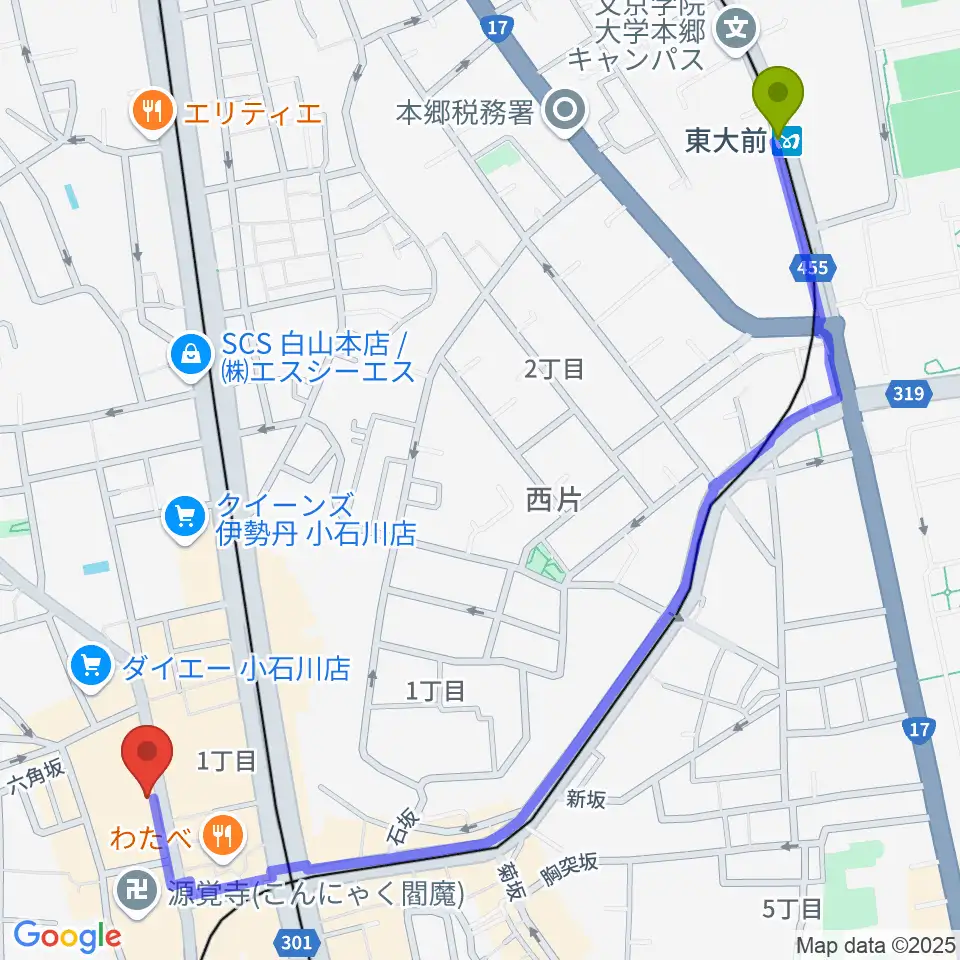 東大前駅からアルトフィールド音楽教室へのルートマップ地図