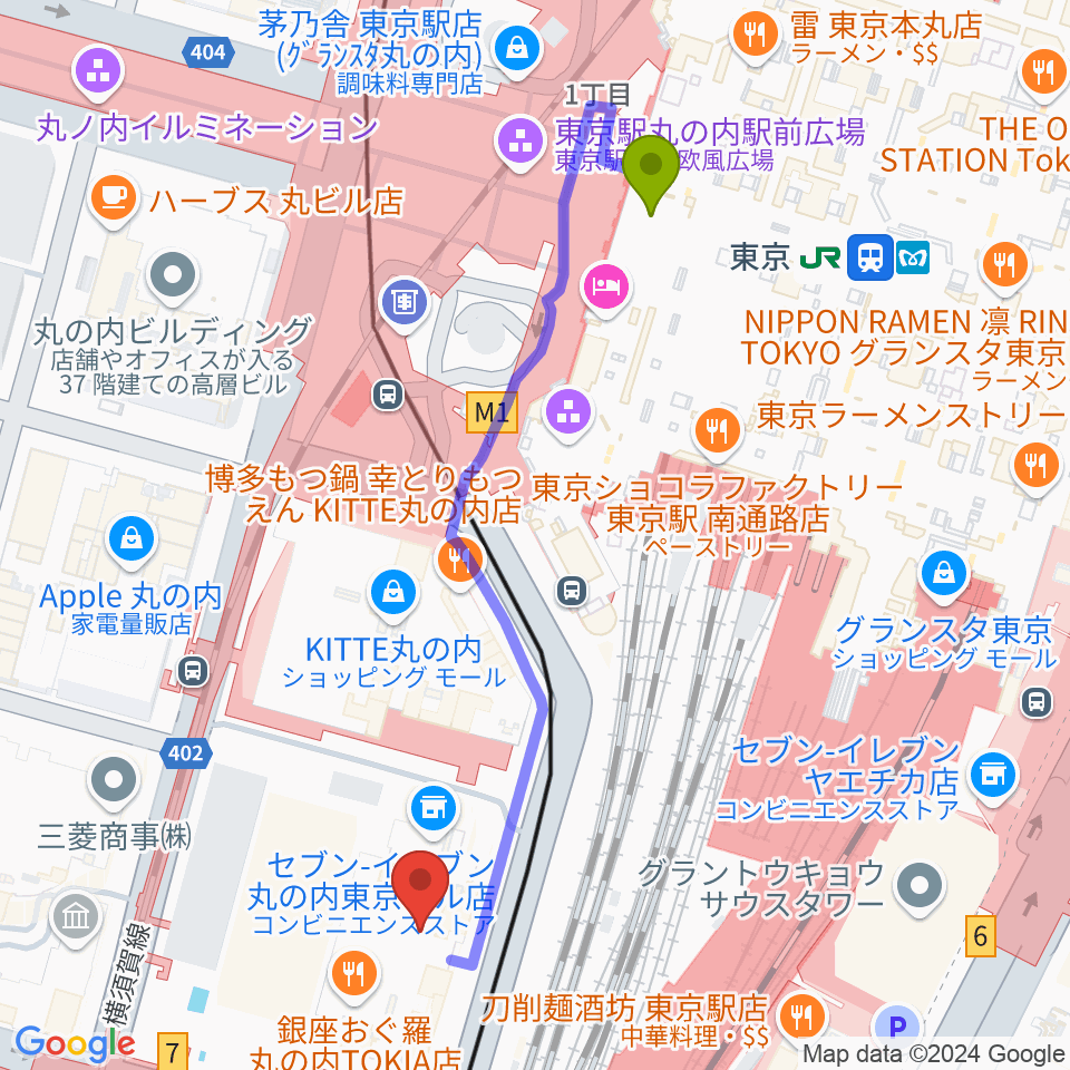 東京丸の内コットンクラブの最寄駅東京駅からの徒歩ルート（約5分）地図