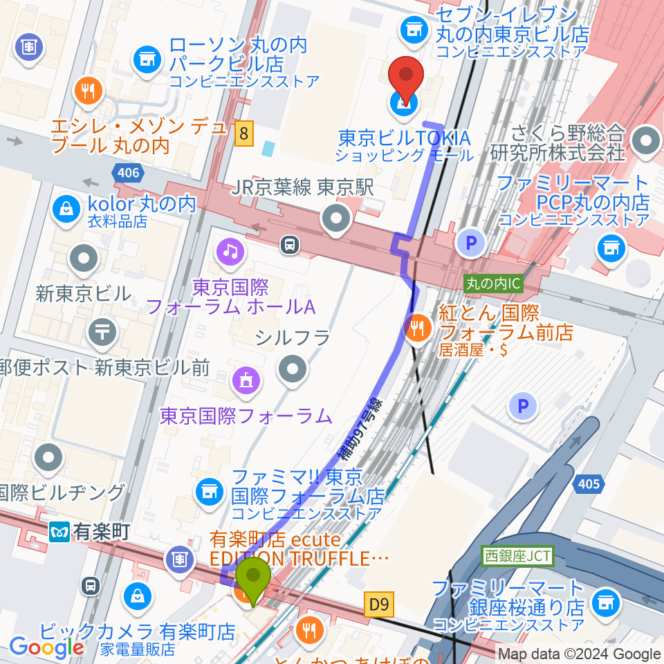 有楽町駅から東京丸の内コットンクラブへのルートマップ地図