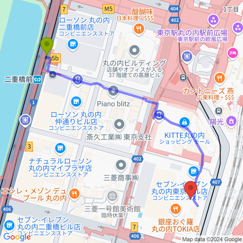 二重橋前駅から東京丸の内コットンクラブへのルートマップ地図