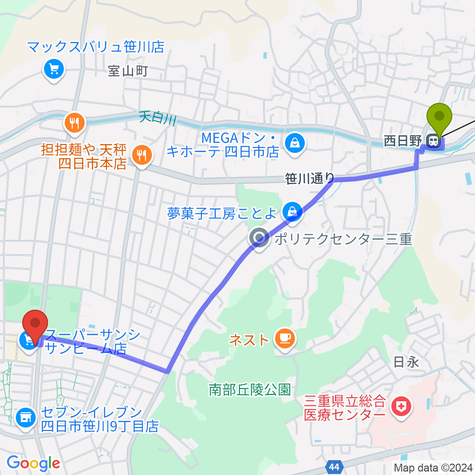 ジェシーズの最寄駅西日野駅からの徒歩ルート（約30分）地図