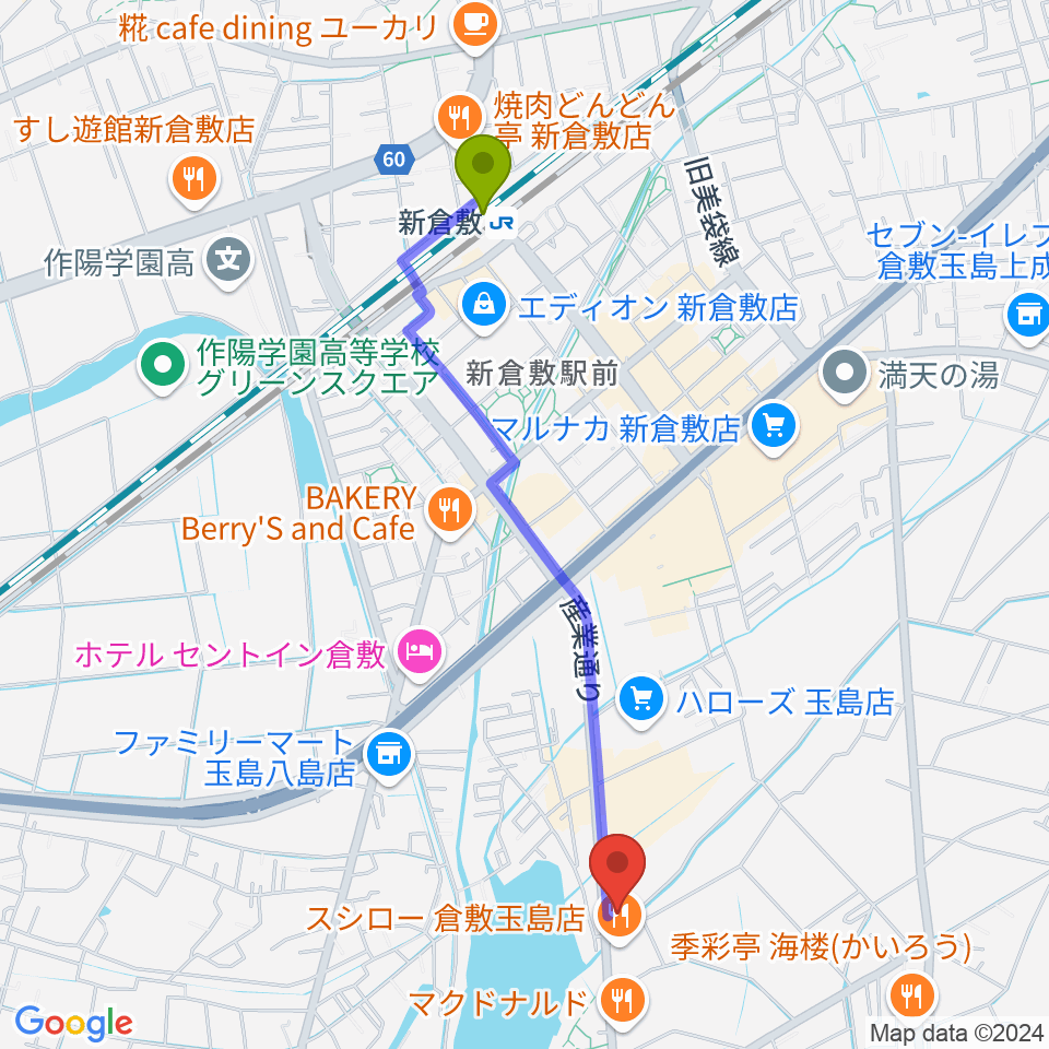 ミュージックサポートあうるの最寄駅新倉敷駅からの徒歩ルート（約21分）地図