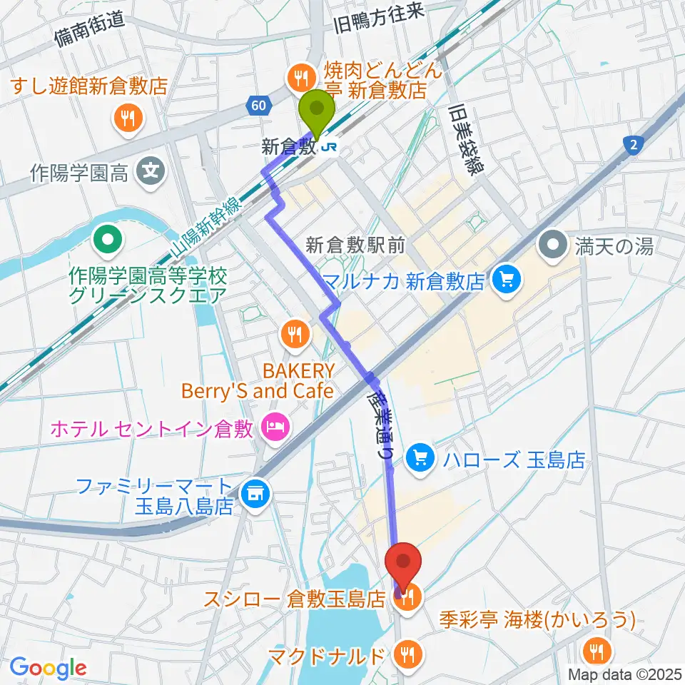 ミュージックサポートあうるの最寄駅新倉敷駅からの徒歩ルート（約21分）地図