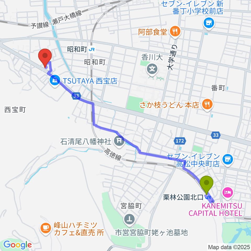 栗林公園北口駅からブッチミュージックラボ.へのルートマップ地図