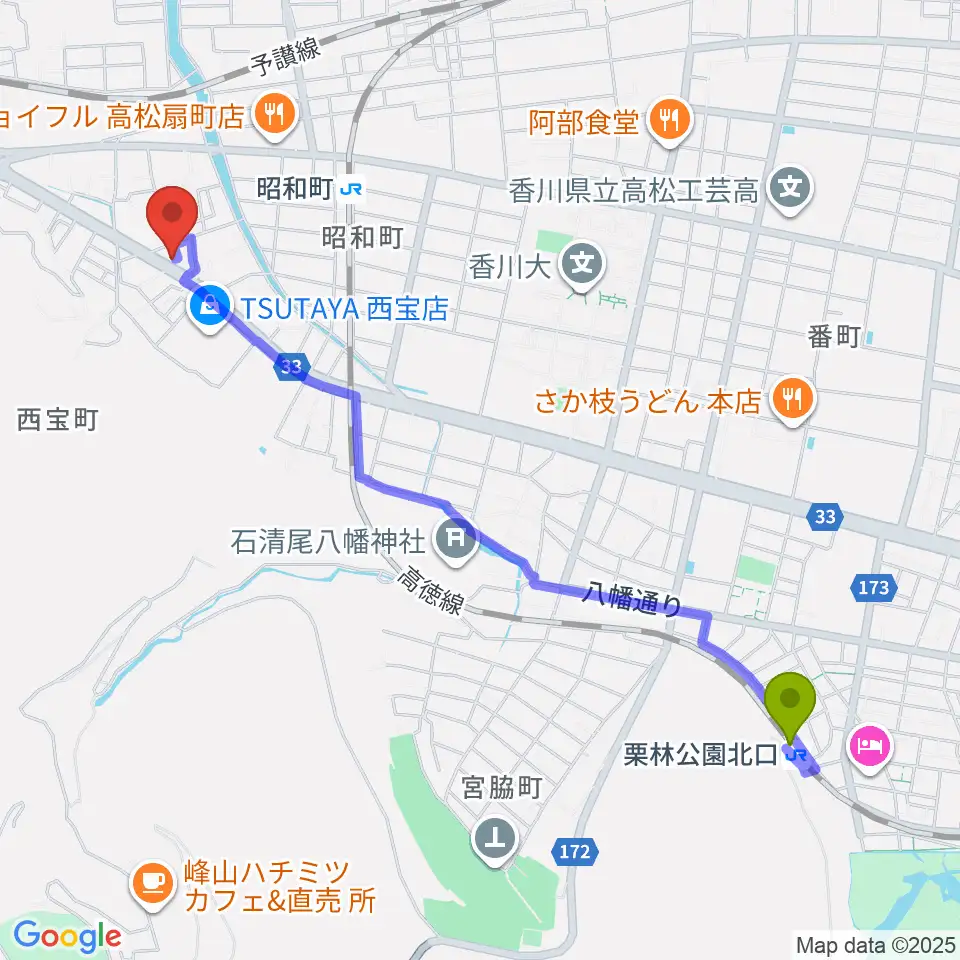 栗林公園北口駅からブッチミュージックラボ.へのルートマップ地図