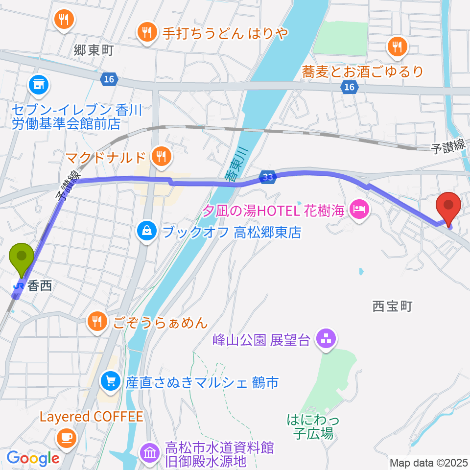 香西駅からブッチミュージックラボ.へのルートマップ地図