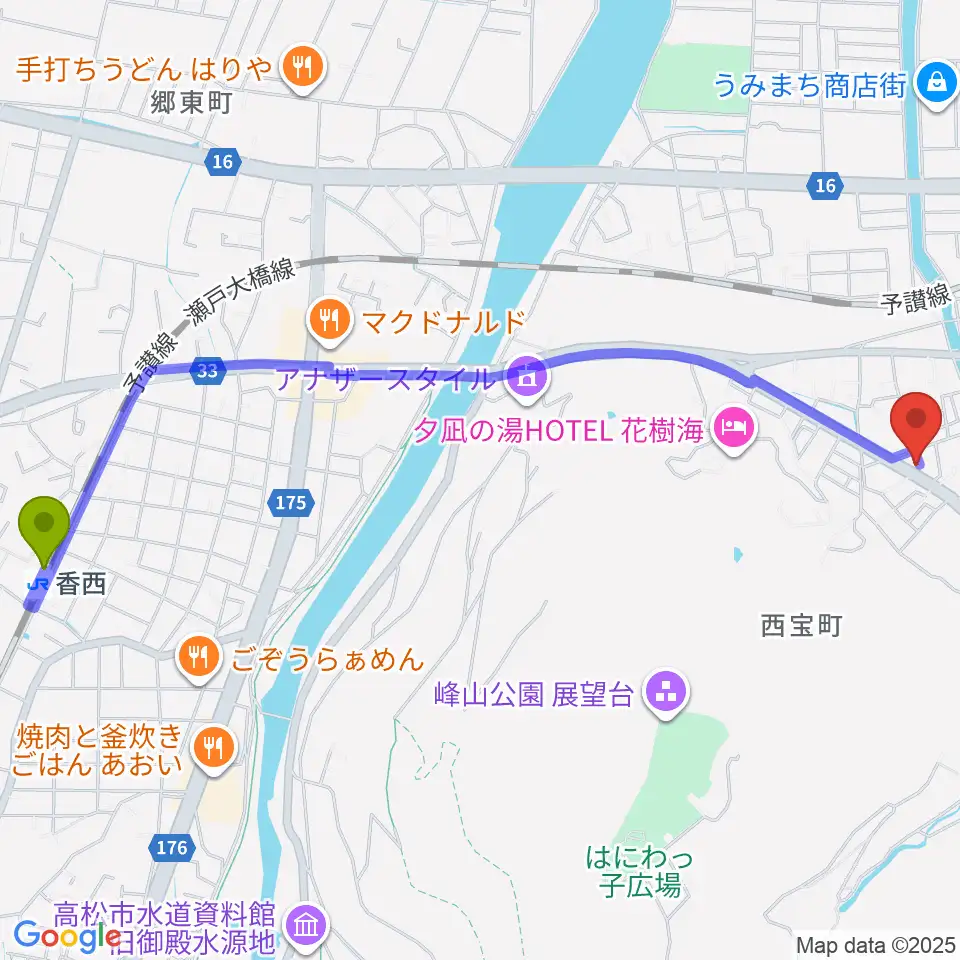 香西駅からブッチミュージックラボ.へのルートマップ地図