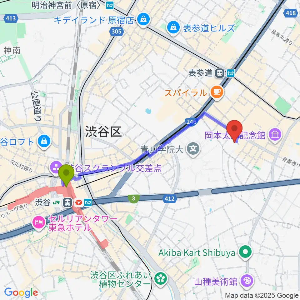 渋谷駅からJBG音楽院 東京校へのルートマップ地図