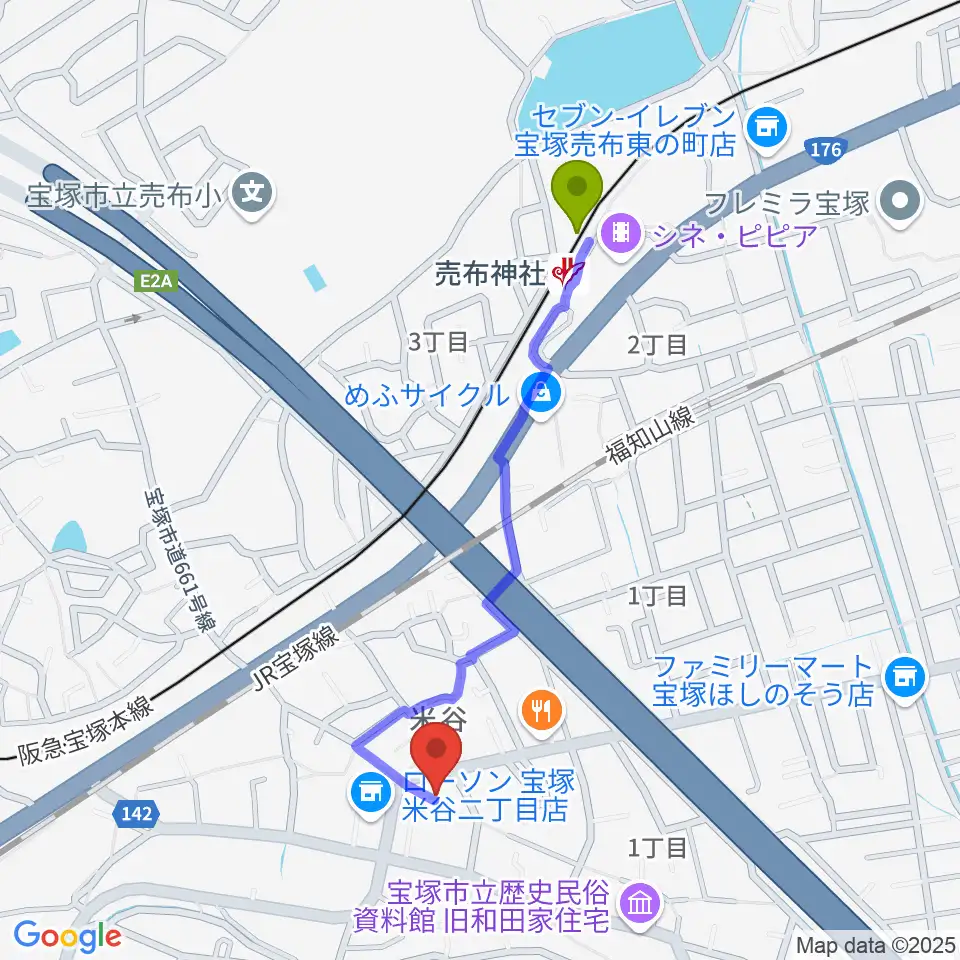 ムジカ・ルドルフの最寄駅売布神社駅からの徒歩ルート（約9分）地図