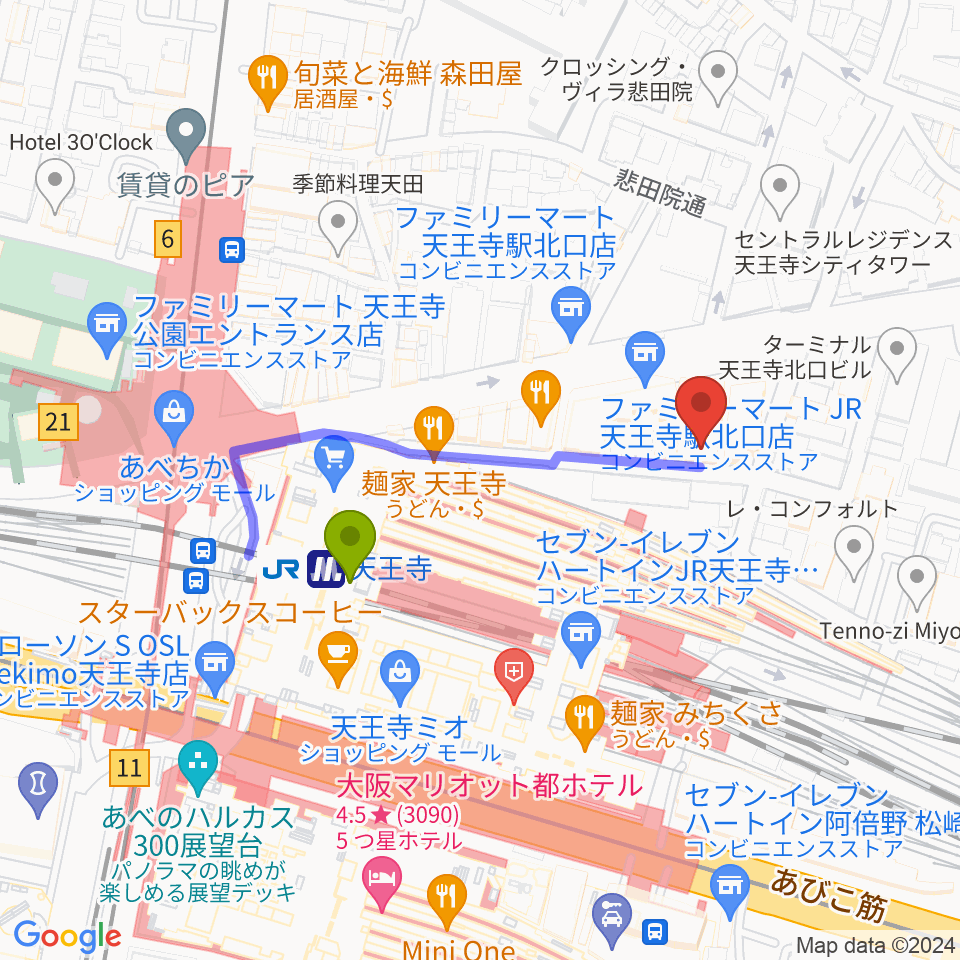 ベースオントップ天王寺店の最寄駅天王寺駅からの徒歩ルート（約3分）地図