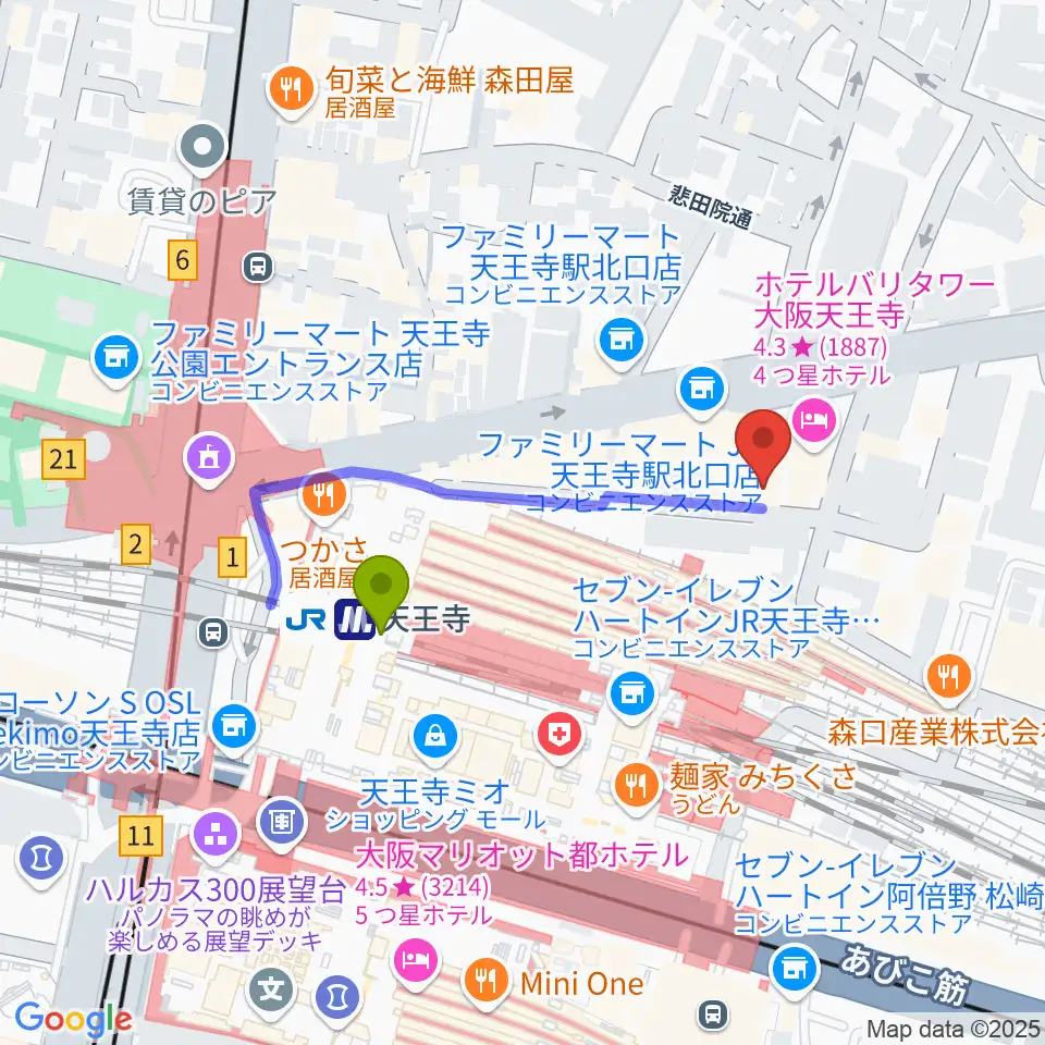 ベースオントップ天王寺店の最寄駅天王寺駅からの徒歩ルート（約3分）地図