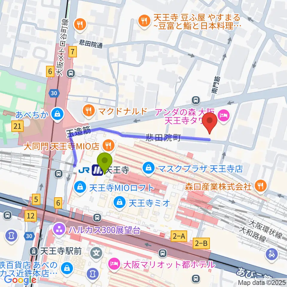 ベースオントップ天王寺店の最寄駅天王寺駅からの徒歩ルート（約3分）地図