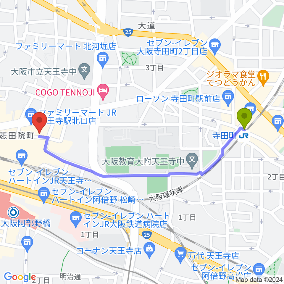 寺田町駅からベースオントップ天王寺店へのルートマップ地図