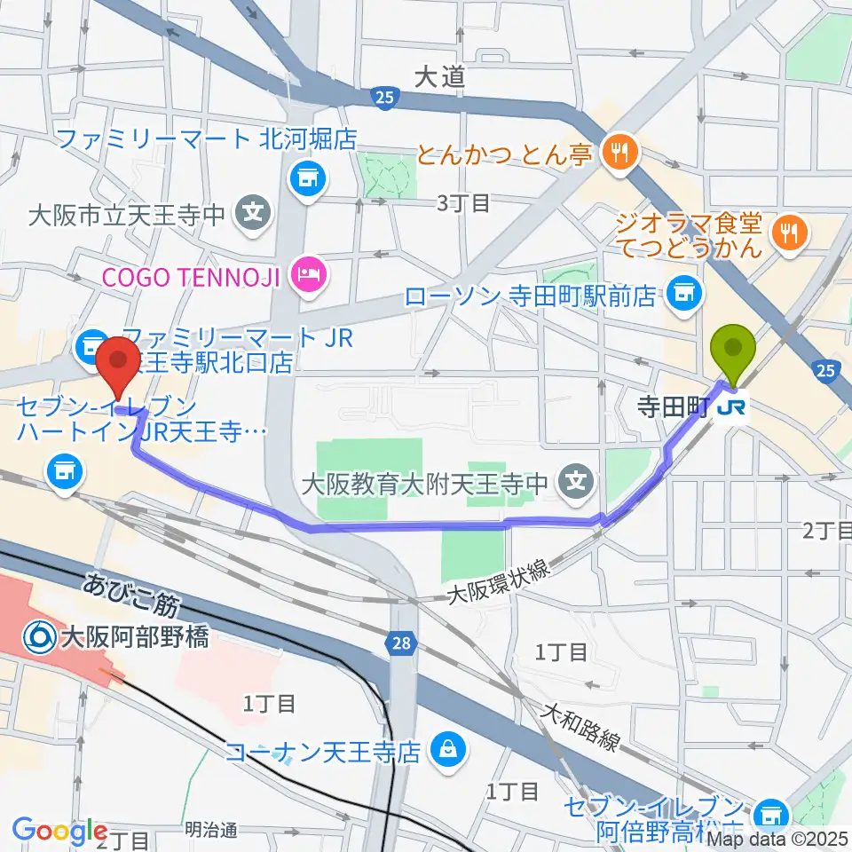 寺田町駅からベースオントップ天王寺店へのルートマップ地図