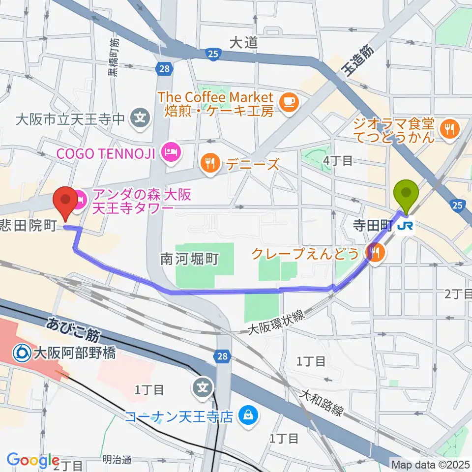 寺田町駅からベースオントップ天王寺店へのルートマップ地図