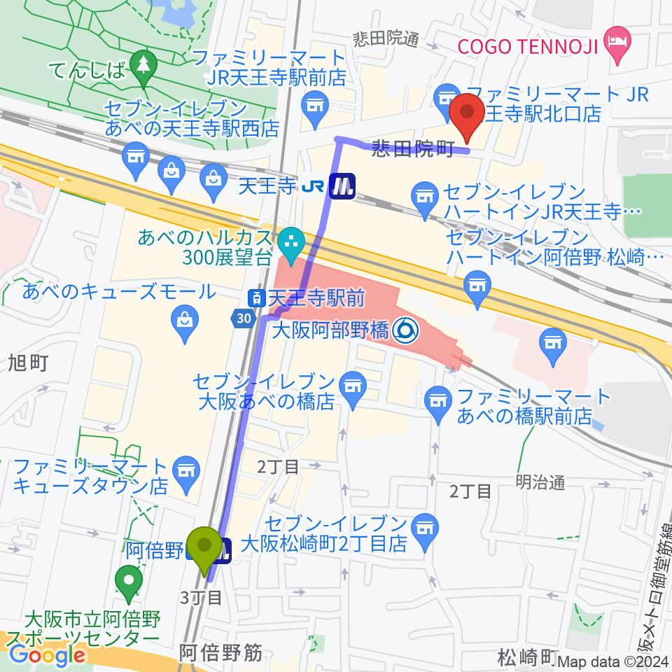 阿倍野駅からベースオントップ天王寺店へのルートマップ地図