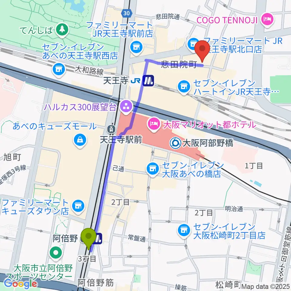 阿倍野駅からベースオントップ天王寺店へのルートマップ地図