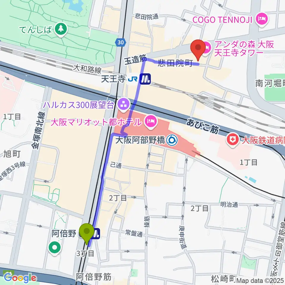 阿倍野駅からベースオントップ天王寺店へのルートマップ地図