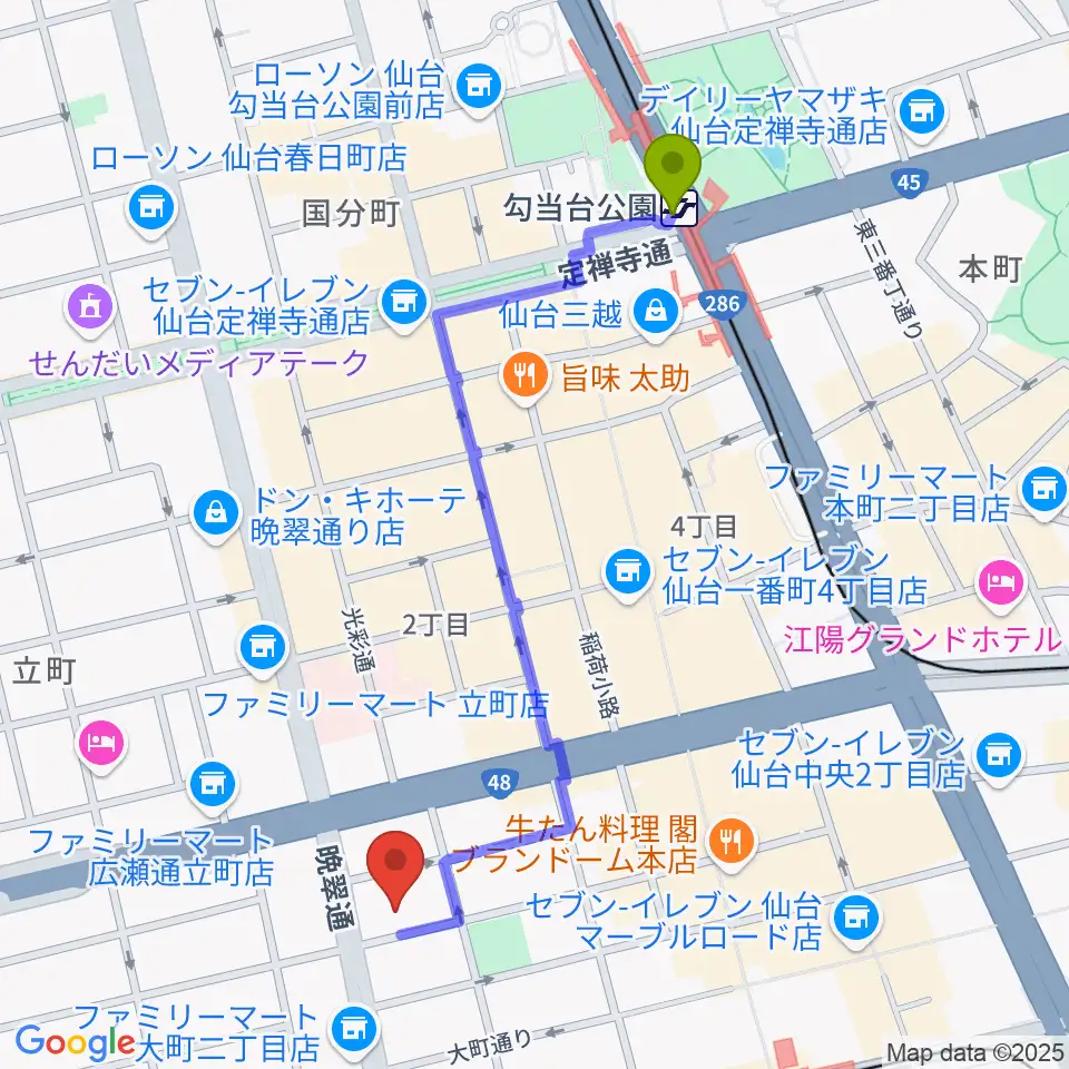 勾当台公園駅からケーズスタジオへのルートマップ地図