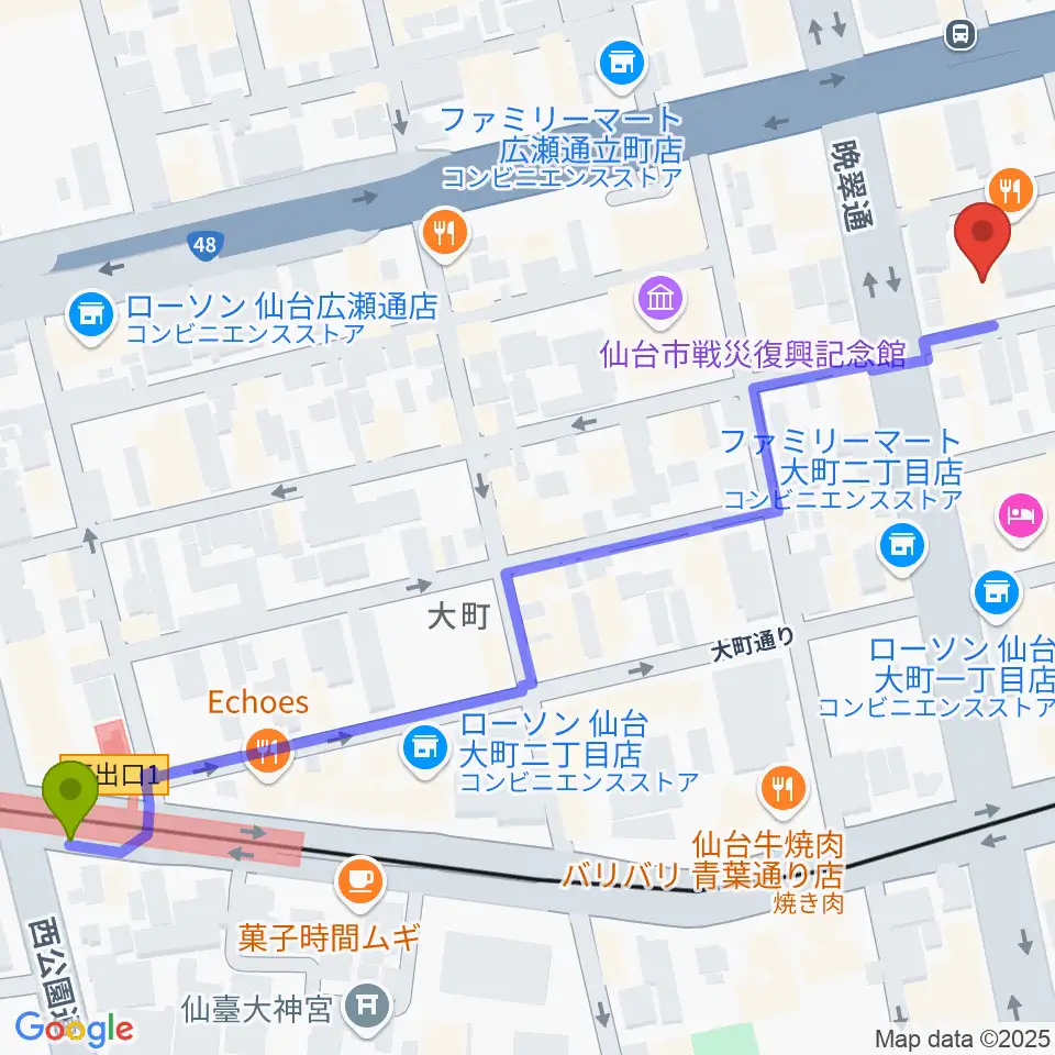 大町西公園駅からケーズスタジオへのルートマップ地図