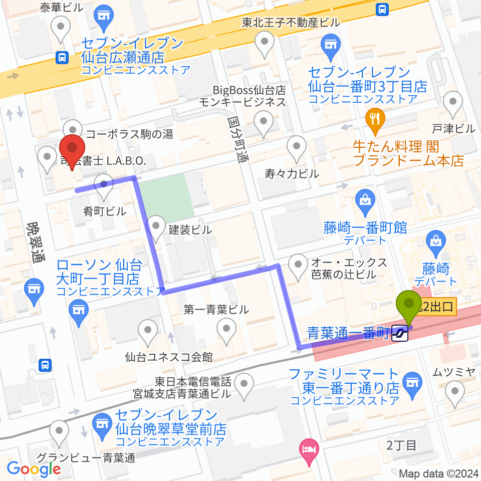 ケーズスタジオの最寄駅青葉通一番町駅からの徒歩ルート（約6分）地図