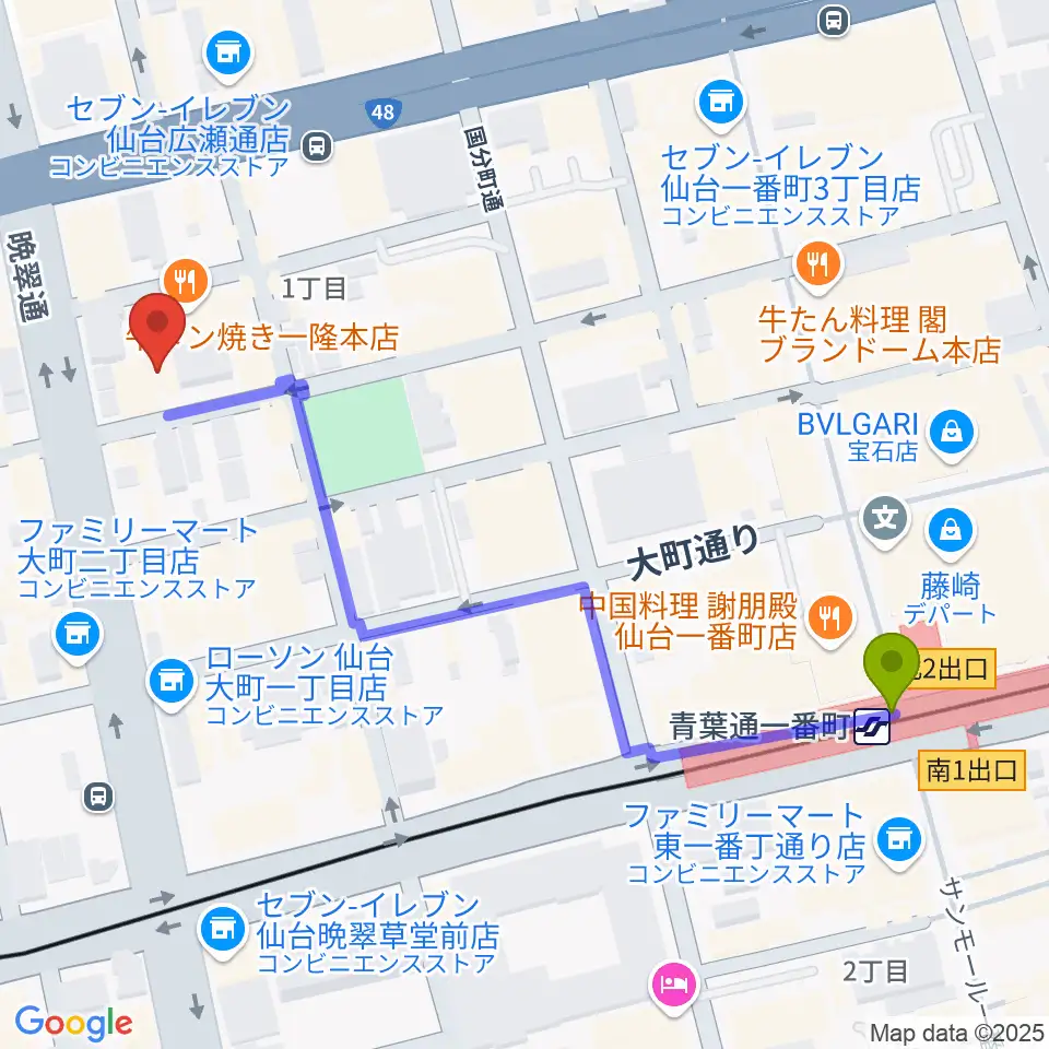 ケーズスタジオの最寄駅青葉通一番町駅からの徒歩ルート（約6分）地図