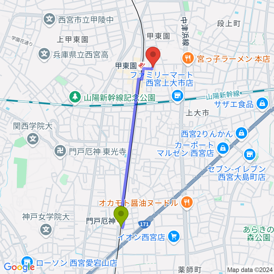 門戸厄神駅からBASS ON TOP 甲東園店へのルートマップ地図