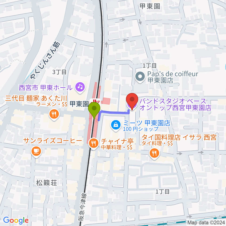 BASS ON TOP 甲東園店の最寄駅甲東園駅からの徒歩ルート（約1分）地図