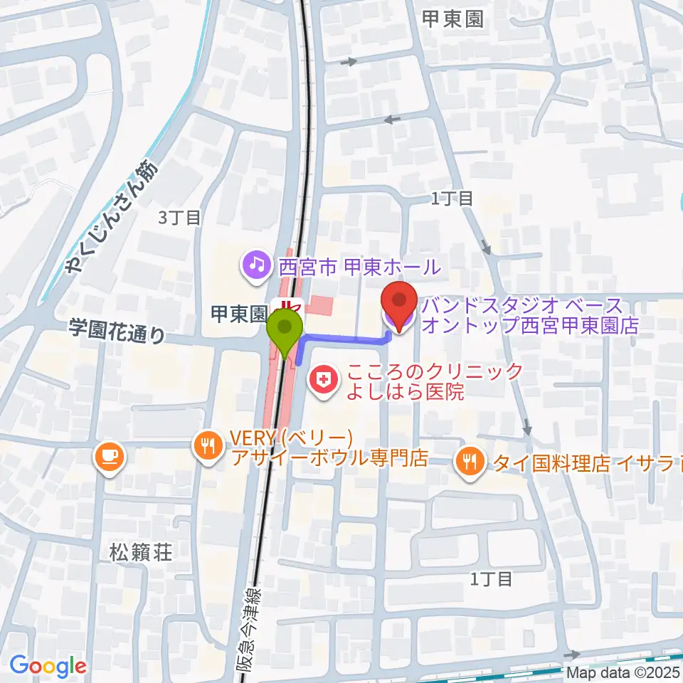 BASS ON TOP 甲東園店の最寄駅甲東園駅からの徒歩ルート（約1分）地図