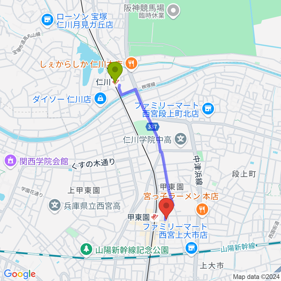 仁川駅からBASS ON TOP 甲東園店へのルートマップ地図